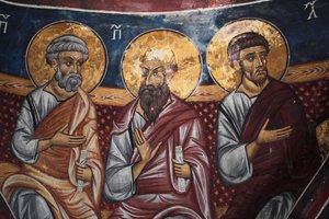 Asinou 教堂 Narthex 拱顶的拜占庭壁画的使徒代表和最后的审判细节 最后审判场景 14 世纪 (1332) 联合国教科文组织，世界文化遗产，塞浦路斯特罗多斯地区 作者 不明
