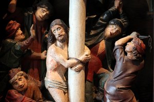 Arbois, Jura, France, le 31/8/2015 - Saint-Hippolyte church. The fifteenth-century retable. Flagellation of Christ. 作者 不明