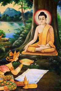 Ascetic Buddha was offered a bowl of milk-rice meal on the morning of his Enlightenment by Nandabala. Painting depicting the life story of Shakyamuni Buddha. Wat Ong Teu Mahawihan. Temple of the Heavy Bouddha. Ventiane. Laos, 20151028, Vientiane, Laos 作者 不明