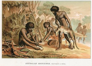 澳大利亚土著人在准备他们猎杀的动物的食物，约1895年 作者 不明