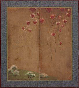 秋天的藤蔓，远处的树木和雪，江户时期，1615-1868。 作者 不明