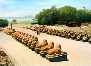 二十世纪，埃及卢克索，卡纳克神庙，阿蒙雷神庙，狮头狮身人面像大道 作者 不明