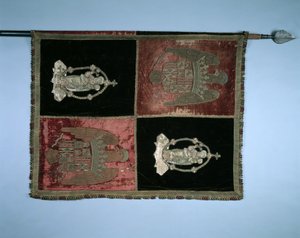 横幅与四分之一的西班牙皇家军队和麦当娜和儿童，1500年代。 作者 不明