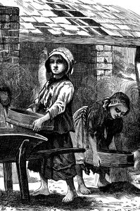 赤脚的女孩在砖瓦厂里过滤灰尘，1871年 作者 不明