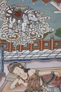 在乔达摩悉达多出生之前，他的母亲梦见一头白象送给她一朵莲花，首尔，Coree du Sud 作者 不明
