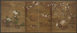 鸟类、四季之花和狸猫，室町或桃山时期，16世纪。 作者 不明