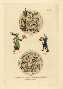 Carouse with men in cyclas admonished by a man in a legal coiff and capuchon 1, deathbed scene with the Devil taking the soul of a man 2, woman in wimple and horned hat with cointose scarf and bird 3, executioner of John the Baptist with his head on a plat 作者 不明