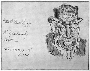 漫画插图描绘布尔领导人保罗·克鲁格（Paul Kruger）为毛利人，1900年 作者 不明