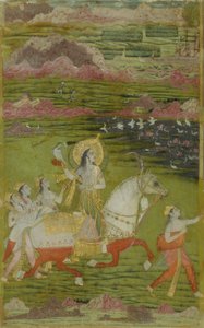Chand Bibi Hawking with Attendants in a Landscape, 约1700年。 作者 不明