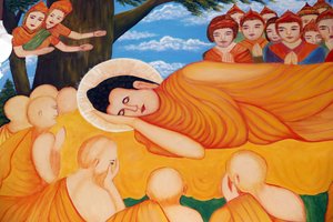 Chua Tu Quang 佛教寺庙。 卧佛画。 佛陀传法四十五年后，圆寂。 头顿。 越南。 作者 不明