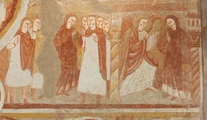 Church (Église Saint-Martin). Interior. Wall paintings (fresco). West wall of the nave. Detail. Accusation and annunciation of the Virgin. 12th century. 作者 不明