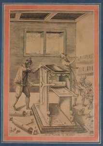 工作中的铜版印刷商，来自伊朗戴维斯相册的对开本，日期为回历1199年-公元1784-85年。 作者 不明