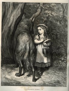 穿过树林，小红帽遇到了狼。古斯塔夫-多尔（Gustave Dore，1832-1883）的版画，出自查尔斯-佩罗（Charles Perrault，1628-1703）的 "Les contes"。 作者 不明