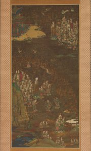 阿弥陀佛带着信徒的灵魂下降和返回西方天堂 Gosho mandara, 约1300。 作者 不明