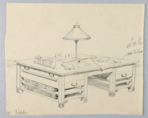 巨大的图书馆存储桌的设计，两侧有两个开放的担架，1900-05年 作者 不明