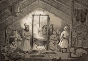Det indre af en bondehytte i Finmarken. Illustrasjon hentet fra boken Norge fremstillet i Tegninger av Asbjørnsen, P.Chr. og utgitt av Chr. Tønsberg (no, 1848) Søndagskledte samer i ei årestue. «Træhytter (...) forekomme kun undtagelsesvis, hos Sölapperne 作者 不明