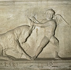 Detail from a Greek sarcophagus from Lydia, depicting a putto wrestling with a goat (marble) 作者 不明