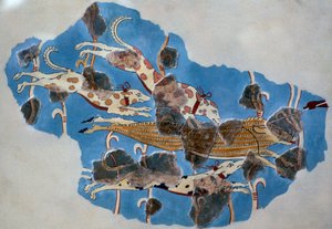 展示野猪狩猎的迈锡尼壁画的细节 作者 不明