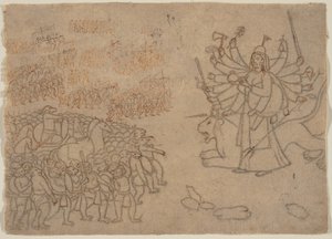 杜尔加与恶魔奇克苏拉的军队对峙：《德维-玛哈提亚》中的场景，约1780年。 作者 不明