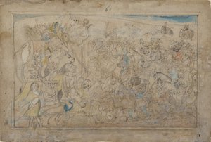 杜尔加、卡利和五位Matrikas与恶魔Shumbha的Daitya军队作战...，约1780年。 作者 不明