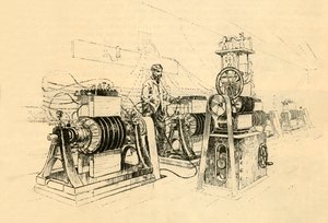 蒸汽动力的电动发电机，并生产磁电，1882年。 作者 不明
