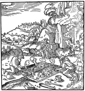 在天然温泉中蒸发几桶盐水以获得盐，1556年 作者 不明