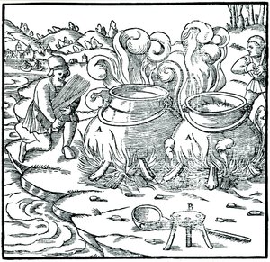 在铁锅中蒸发海水以获得盐，1556年 作者 不明