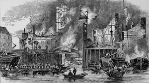 1843年，伦敦桥，浇头码头大火，c1843,1912年。 作者 不明