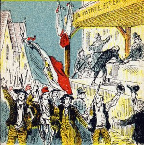 法国大革命：革命者的自愿行为。法国历史》中的雕版画。代表路易特出版的系列广告图片，24 rue d