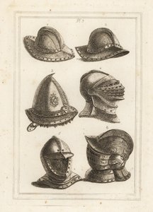 French iron pot helmet 1,2, engraved steel cap from the 16th century 3, large bright helmet 4, open helmet 5, ornamented helmet with visor 6 作者 不明