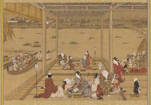 江户时代，18世纪，江边茶馆的欢乐。 作者 不明
