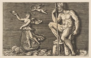 加拉太（Galatea）逃离了波利菲斯（Polyphemus），坐在一块岩石上，手里拿着杖和管子…… 1515-1600。 作者 不明