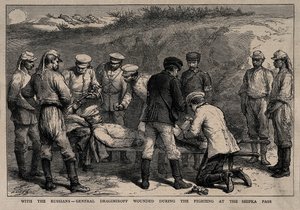 米哈伊尔·德拉戈米罗夫将军在希普卡山口的战斗中受伤，大约1878年 作者 Unbekannt