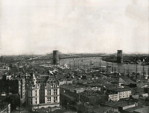 显示布鲁克林大桥的全景，美国纽约，1895年。 作者 不明