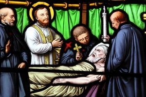 Geneva, Geneva, Switzerland, le 5/7/2015 - Basilica Notre-Dame of Geneva. Stained glass window. St. Vincent de Paul. 作者 不明