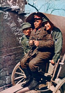 1941年，德国高山部队与保加利亚士兵坐在推车上，保加利亚斯特鲁马山谷 作者 不明