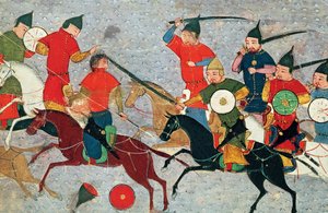 Ghenghis Khan在战斗中。约米·塔瓦里克（Jami al-tawarikh）环球历史的缩影，约1430年 作者 不明