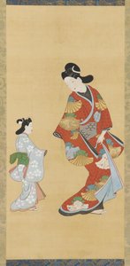 穿着大红色和金色衣服的女孩和一个孩子，1615-1868。 作者 不明