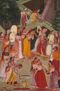 在洒红节上互相喷洒的女孩c。 1640-1650。 作者 不明