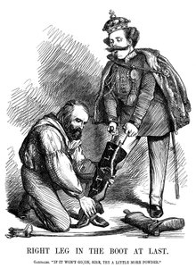 朱塞佩·加里波第（Giuseppe Garibaldi）帮助维克托·伊曼纽尔二世（Victor Emmanuel II）穿上意大利长靴，1860年 作者 不明