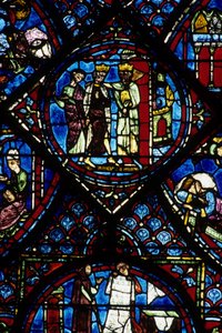 哥特式建筑。 Histoire de Charlemagne（细节）：拜占庭皇帝君士坦丁一世接受查理曼大帝（742-814）。 彩色玻璃的北部门诊，absidial。 沙特尔大教堂。 作者 不明