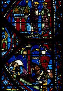 Gothic architecture. Histoire de Charlemagne (detail): Charlemagne (742-814) receives 3 hunts (high) and Vision of Constantine (I, emperor Byzantine). Stained glass of the northern ambulatory, absidial. Cathedrale de Chartres. 作者 不明