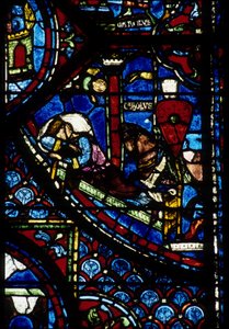 Gothic architecture. Histoire de Charlemagne (detail): Vision of Constantine (I, Emperor Byzantine). Stained glass of the northern ambulatory, absidial. Cathedrale de Chartres. 作者 不明