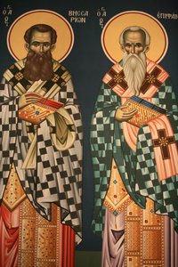 Greek orthodox icon depicting Saint Vissarion and Saint Epiphanos Thessalonique Grece 作者 不明