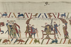 Harold and Count Guy of Ponthieu talking together at Beaurain, Bayeux Tapestry (wool embroidery on linen) 作者 不明