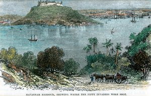 哈瓦那港（Havannah Harbour），展示了五十名侵略者被枪杀的地点，古巴，约1880年 作者 不明