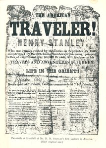 亨利·斯坦利（Henry M.Stanley），来自美国讲座的传单，31岁时在非洲发现了利文斯通博士 作者 不明