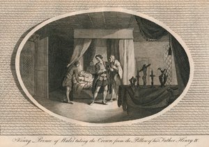 威尔士亲王亨利（Henry）从父亲亨利四世（Henry IV）的枕头上摘下王冠，1413年1793年 作者 不明