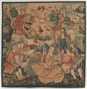狩猎和田园风光，女士之间有一个带花环的英雄，约1510年。 作者 不明