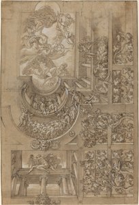 幻想的天花板，有一个葡萄架，在画廊上的人物，和一个中央......，约1570158 作者 不明